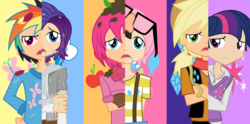 Size: 1024x509 | Tagged: safe, artist:audiobeatzz, applejack, fluttershy, pinkie pie, rainbow dash, rarity, twilight sparkle, human, g4, magical mystery cure, applejack (male), bubble berry, butterscotch, dusk shine, elusive, humanized, male, male six, mane six, rainbow blitz, rule 63, what my cutie mark is telling me