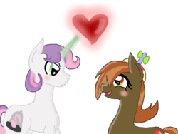 Size: 800x600 | Tagged: safe, artist:irainbowdashie, button mash, sweetie belle, g4, blushing, eye contact, female, heart, joystick (r63), magic, male, older, open mouth, rule 63, ship:joybell, ship:sweetiemash, shipping, silver bell, smiling, straight