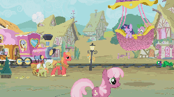 Size: 960x540 | Tagged: safe, edit, edited screencap, screencap, apple bloom, berry punch, berryshine, big macintosh, carrot top, cheerilee, chelsea porcelain, crafty crate, daisy, derpy hooves, dizzy twister, flower wishes, geri, golden harvest, granny smith, lightning bolt, mane-iac, minuette, mr. waddle, orange swirl, piña colada, scootaloo, sea swirl, seafoam, serena, spike, spring melody, sprinkle medley, steamer, sunshower raindrops, sweetie belle, twilight sparkle, twinkleshine, white lightning, dragon, earth pony, pegasus, pony, unicorn, g4, animated, background pony, building, cart, cutie mark crusaders, female, filly, friendship express, gif, hot air balloon, intro, male, opening, opening theme, peril, ponyville, raised hoof, stallion, this will end in tears and/or death, tied to tracks, train, train station, train tracks, twinkling balloon, unicorn twilight