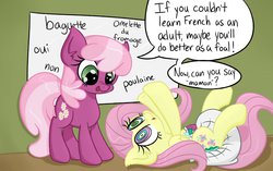 Size: 1280x805 | Tagged: safe, artist:skitter, cheerilee, fluttershy, earth pony, pony, g4, ageplay, babyshy, brainwashed, brainwashing, chalkboard, dexter's laboratory, diaper, diaper fetish, female, french, hypnosis, mare, mental regression, non-baby in diaper, poofy diaper