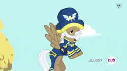 Size: 634x356 | Tagged: safe, screencap, admiral fairweather, golden eagle (g4), pegasus, pony, g4, testing testing 1-2-3, ancient wonderbolts uniform, beard, bicorne, cap'n crunch, captain crunch, clothes, costume, facial hair, flying, hat, hub logo, male, moustache, solo, stallion, uniform