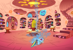Size: 1280x875 | Tagged: safe, rainbow dash, g4, testing testing 1-2-3, chair, female, library, solo, splash, water