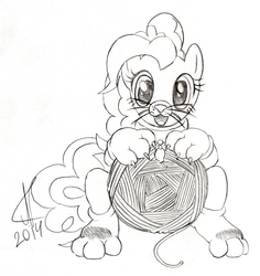 Size: 1795x1902 | Tagged: safe, artist:hope(n forever), pinkie pie, cat, g4, behaving like a cat, cat costume, clothes, collar, costume, cute, disguise, female, mittens, monochrome, pinkie cat, solo, traditional art, yarn, yarn ball