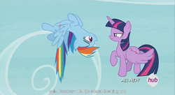 Size: 1251x681 | Tagged: safe, screencap, rainbow dash, twilight sparkle, alicorn, pony, g4, testing testing 1-2-3, female, hub logo, mare, meme, twilight sparkle (alicorn), youtube caption