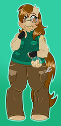 Size: 2833x5846 | Tagged: safe, artist:meb90, oc, oc only, oc:jackie trade, anthro, absurd resolution, anthro oc, bag, chubby, clothes, eating, fingerless gloves, glasses, gloves, honey buns, muscles, pants, solo, wrench