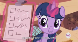 Size: 1251x680 | Tagged: safe, screencap, twilight sparkle, alicorn, pony, g4, my little pony: friendship is magic, testing testing 1-2-3, female, hub logo, mare, meme, solo, twilight sparkle (alicorn), youtube caption