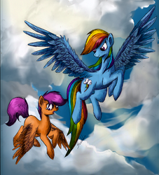 Size: 1700x1876 | Tagged: safe, artist:suahkin, rainbow dash, scootaloo, g4, scootaloo can fly