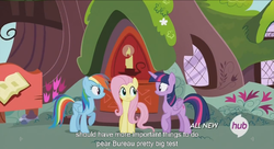 Size: 1250x681 | Tagged: safe, screencap, fluttershy, rainbow dash, twilight sparkle, alicorn, pony, g4, testing testing 1-2-3, female, hub logo, mare, meme, twilight sparkle (alicorn), youtube caption