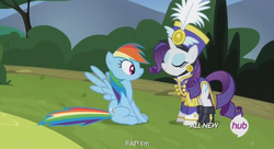 Size: 1250x680 | Tagged: safe, screencap, rainbow dash, rarity, g4, my little pony: friendship is magic, testing testing 1-2-3, ancient wonderbolts uniform, hub logo, meme, sgt. rarity, youtube caption