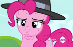 Size: 989x632 | Tagged: safe, edit, edited screencap, screencap, pinkie pie, earth pony, pony, g4, acne, brony, chubby, euphoric, fat, fedora shaming, female, final draft, gross, hat, hub logo, mare, neckbeard, op is trying to start shit, pimple, solo, trilby