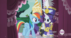 Size: 1251x680 | Tagged: safe, screencap, rainbow dash, rarity, g4, my little pony: friendship is magic, testing testing 1-2-3, ancient wonderbolts uniform, hub logo, meme, sgt. rarity, youtube caption