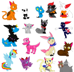 Size: 2992x2888 | Tagged: safe, artist:hawkeye-ryuu, rainbow dash, oc, cat, deerling, deino, dog, haunter, panda, poochyena, shinx, sneasel, zangoose, zorua, g4, alphonse elric, barely pony related, fullmetal alchemist, high res, non-mlp oc, pokémon, shao mei, xiao mei