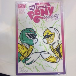 Size: 640x640 | Tagged: safe, idw, comic, green ranger, irl, photo, ponified, power rangers, traditional art, white ranger