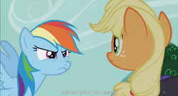 Size: 1251x681 | Tagged: safe, screencap, applejack, rainbow dash, g4, testing testing 1-2-3, meme, youtube caption