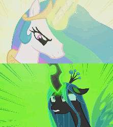 Size: 1280x1440 | Tagged: safe, edit, screencap, princess celestia, queen chrysalis, changeling, changeling queen, pony, a canterlot wedding, g4, animated, beam struggle, comparison, eyes closed, female, fight, flinch, frown, glare, gritted teeth, magic, pain, shaking, smiting