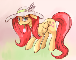 Size: 1157x919 | Tagged: safe, artist:twitchykismet, fluttershy, g4, female, flower, hat, looking at you, solo