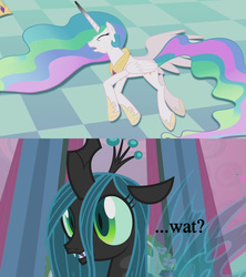 Size: 1280x1440 | Tagged: safe, edit, screencap, princess celestia, queen chrysalis, changeling, changeling queen, pony, a canterlot wedding, g4, comparison, defeat, female, reaction image, surprised, text, wat, worfed