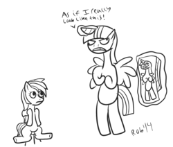 Size: 1030x872 | Tagged: safe, artist:robpumpkin, rainbow dash, twilight sparkle, alicorn, pony, g4, testing testing 1-2-3, as if i really look like this, big fat meanie, centerfold, derp, female, i am not that tall, mare, monochrome, new student starfish, rainbow dash's centerfold, spongebob squarepants, twilight sparkle (alicorn)