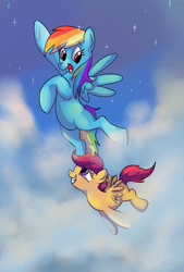 Size: 500x740 | Tagged: safe, artist:supcapn, rainbow dash, scootaloo, g4, balancing, cloud, cloudy, flying, scootaloo can fly