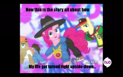 Size: 1680x1050 | Tagged: safe, doctor whooves, goldengrape, pinkie pie, sir colton vines iii, time turner, g4, my little pony: friendship is magic, testing testing 1-2-3, exploitable meme, hilarious in hindsight, hub logo, image macro, lyrics, meme, rap, rapper pie, the fresh prince of bel-air