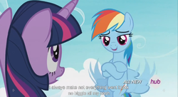 Size: 1250x681 | Tagged: safe, screencap, rainbow dash, twilight sparkle, alicorn, pony, g4, testing testing 1-2-3, female, hub logo, mare, meme, twilight sparkle (alicorn), youtube caption