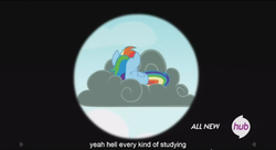 Size: 1251x682 | Tagged: safe, screencap, rainbow dash, g4, testing testing 1-2-3, female, hub logo, meme, solo, youtube caption