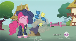 Size: 1251x681 | Tagged: safe, screencap, general firefly, pinkie pie, g4, testing testing 1-2-3, ancient wonderbolts uniform, cannon, female, hub logo, meme, solo, youtube caption