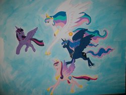 Size: 1024x768 | Tagged: safe, artist:thunessey, princess cadance, princess celestia, princess luna, twilight sparkle, alicorn, pony, g4, alicorn tetrarchy, female, mare, traditional art, twilight sparkle (alicorn)