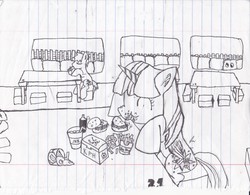 Size: 2468x1928 | Tagged: safe, artist:alexi148, coco crusoe, twilight sparkle, alicorn, pony, g4, twilight time, burger, female, food, french fries, hay burger, hay fries, lined paper, mare, restaurant, scene interpretation, that pony sure does love burgers, this will end in weight gain, traditional art, twilight burgkle, twilight sparkle (alicorn)