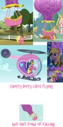 Size: 939x1900 | Tagged: safe, edit, edited screencap, screencap, cherry berry, cotton cloudy, dinky hooves, earth pony, pony, g4, leap of faith, luna eclipsed, spike at your service, the mysterious mare do well, aviator hat, female, hat, helicopter, hot air balloon, mare, observation, pedalcopter, pink text, raincloud, text, twinkling balloon
