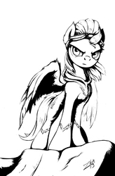 Size: 840x1280 | Tagged: safe, artist:zoarvek, lightning dust, pegasus, pony, g4, black and white, female, goggles, grayscale, monochrome, shadowbolts, solo
