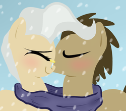 Size: 710x624 | Tagged: safe, artist:mishti14, doctor whooves, mayor mare, time turner, earth pony, pony, g4, blushing, clothes, doctor mayor, duo, eyes closed, female, kissing, male, mareturner, scarf, shared clothing, shared scarf, shipping, smiling, snow, straight