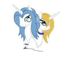 Size: 640x480 | Tagged: safe, artist:stagetechyart, fancypants, prince blueblood, pony, unicorn, g4, bust, duo, duo female, fancy skirt, female, head, monocle, necklace, princess bluebelle, rule 63, simple background, transparent background