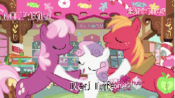 Size: 542x305 | Tagged: safe, screencap, big macintosh, cheerilee, sweetie belle, earth pony, pony, g4, hearts and hooves day (episode), animated, bipedal, brony, eye contact, female, filly, foal, frown, gritted teeth, hearts and hooves day, hoofy-kicks, image macro, male, mare, meme, metaphor gif, sad, ship:cheerimac, shipping, smiling, stallion, straight, sugarcube corner, talking