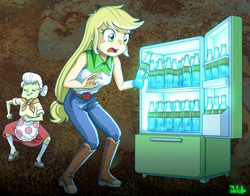 Size: 1000x785 | Tagged: safe, artist:uotapo, applejack, granny smith, human, equestria girls, g4, leap of faith, dancing, drink, fallout, fallout 3, lunchlady smith, nuka cola, nuka cola quantum, radiation, refrigerator, this will end in cancer, this will end in radiation poisoning, this will end in tears and/or death, tonic