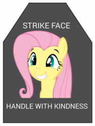 Size: 578x770 | Tagged: artist needed, safe, fluttershy, g4, bullet proof plate, female, sapi, smiling, solo