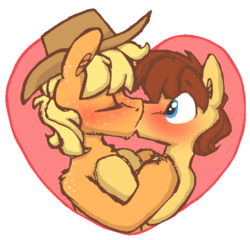 Size: 652x627 | Tagged: safe, artist:artflicker, applejack, caramel, earth pony, pony, g4, applejack (male), blushing, duo, freckles, gay, half r63 shipping, hat, heart, kiss on the lips, kissing, male, rule 63, ship:applemel, ship:carajack, shipping