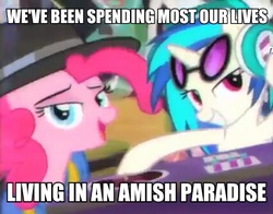 Size: 426x334 | Tagged: safe, dj pon-3, pinkie pie, vinyl scratch, g4, testing testing 1-2-3, amish paradise, image macro, meme, rapper pie, song in the comments, song reference, weird al yankovic