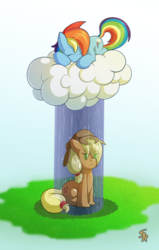 Size: 596x935 | Tagged: safe, artist:sound-resonance, applejack, rainbow dash, earth pony, pegasus, pony, g4, applejack is not amused, cloud, duo, on a cloud, rain, raincloud, sleeping, sleeping on a cloud, unamused, wet
