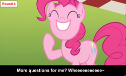 Size: 1600x973 | Tagged: safe, pinkie pie, earth pony, pony, comic:celestia's servant interview, g4, caption, cs captions, female, grin, interview, mare, meta, solo