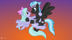 Size: 3840x2160 | Tagged: safe, artist:flashlighthouse, flitter, thunderclap, pegasus, pony, g4, bandflitter, boyfriend and girlfriend, female, flying, gradient background, high res, male, mare, shipping, spread wings, stallion, straight, wings