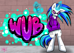 Size: 2801x2001 | Tagged: safe, artist:mikoworks, dj pon-3, vinyl scratch, pony, g4, bipedal, clothes, female, graffiti, high res, hoodie, solo