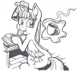 Size: 1857x1700 | Tagged: safe, artist:latecustomer, twilight sparkle, alicorn, pony, g4, book, coffee, cookie, cup, desk, female, floor, grayscale, magic, mare, monochrome, mouth hold, simple background, solo, telekinesis, twilight sparkle (alicorn)