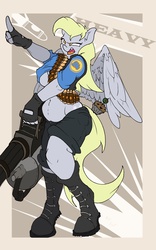 Size: 889x1423 | Tagged: safe, artist:fuf, derpy hooves, anthro, g4, breasts, busty derpy hooves, chubby, female, heavy (tf2), minigun, muffin, solo, team fortress 2, underboob