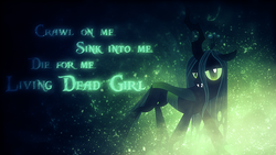 Size: 1920x1080 | Tagged: dead source, safe, artist:racefox, artist:tzolkine, queen chrysalis, changeling, changeling queen, g4, fangs, female, glowing, living dead girl, lyrics, rob zombie, solo, song reference, vector, wallpaper
