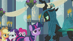 Size: 1280x720 | Tagged: safe, screencap, applejack, fluttershy, pinkie pie, queen chrysalis, rarity, twilight sparkle, changeling, changeling queen, earth pony, pegasus, pony, unicorn, a canterlot wedding, g4, season 2, animated, candle, chin up, female, flower, frown, gif, glare, gloating, hoof on chin, mare, offscreen character, raised eyebrow, slap, smug, twilight sparkle is not amused, unamused, unicorn twilight, villains touching twilight