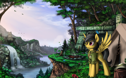 Size: 2000x1250 | Tagged: safe, artist:yakovlev-vad, daring do, butterfly, pegasus, pony, g4, campfire, clothes, cloud, female, flower, forest, grass, mare, nature, outdoors, river, ruins, scenery, scenery porn, sky, solo, spread wings, sunrise, temple, tent, tree, water, waterfall, wings