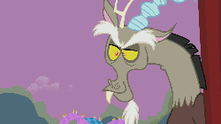 Size: 1280x720 | Tagged: safe, screencap, applejack, discord, draconequus, g4, the return of harmony, animated, chaos, checker pattern, discorded landscape, distressed, do not want, dragging, element of honesty, female, floating island, floppy ears, glare, grabbing, grin, gritted teeth, levitation, magic, male, mare, ponyville, pulling, purple sky, smiling, taunt, telekinesis, throne, wide eyes
