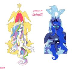 Size: 1712x1558 | Tagged: safe, artist:cosmichat, princess celestia, princess luna, g4, crossed legs, looking at you, throne