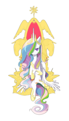 Size: 900x1558 | Tagged: safe, artist:cosmichat, princess celestia, pony, g4, crossed legs, female, hair over one eye, looking at you, mare, simple background, solo, throne, transparent background